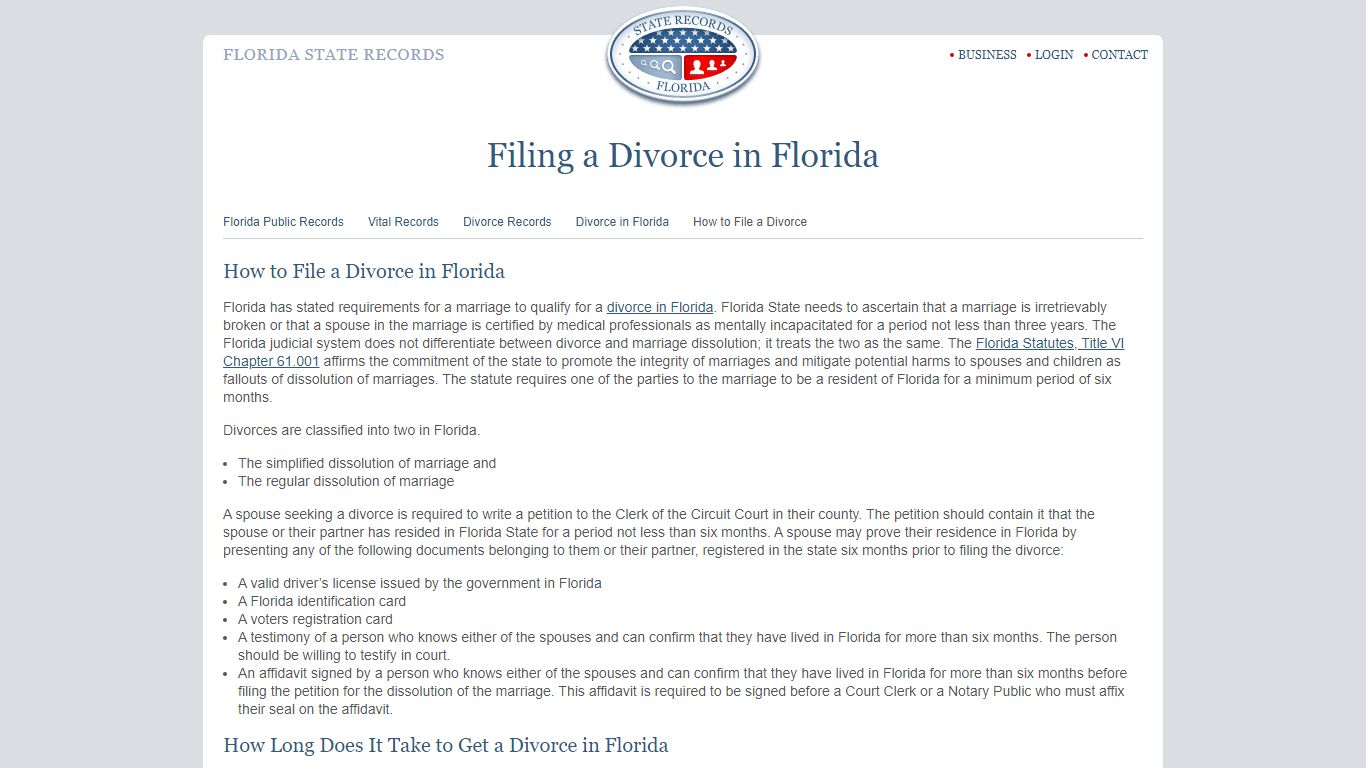 Filing a Divorce in Florida - State Records